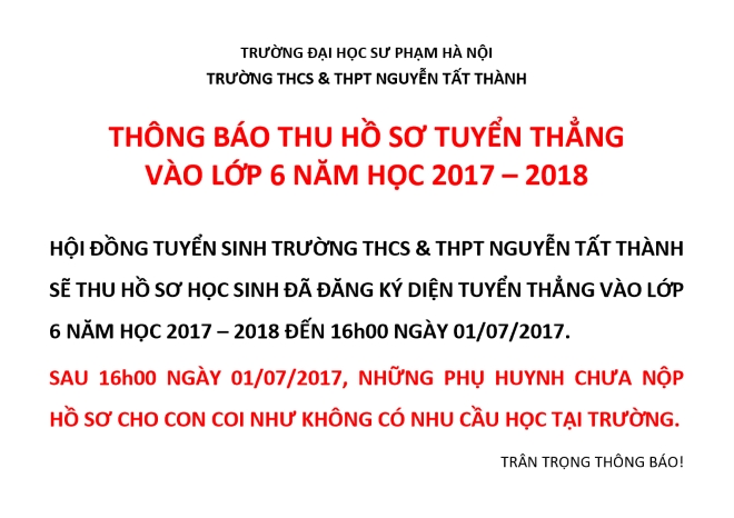 Thông báo thu hồ sơ tuyển thẳng vào lớp 6 năm học 2017 – 2018