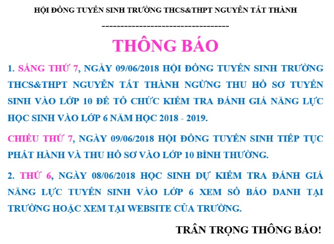 Lịch làm việc của Hội đồng tuyển sinh trường THCS & THPT Nguyễn Tất Thành