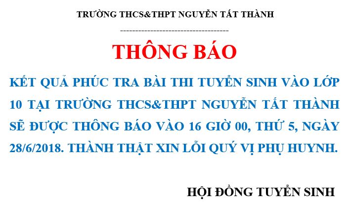 Thông báo về việc trả kết quả phúc tra bài thi vào lớp 10 năm học 2018 - 2019