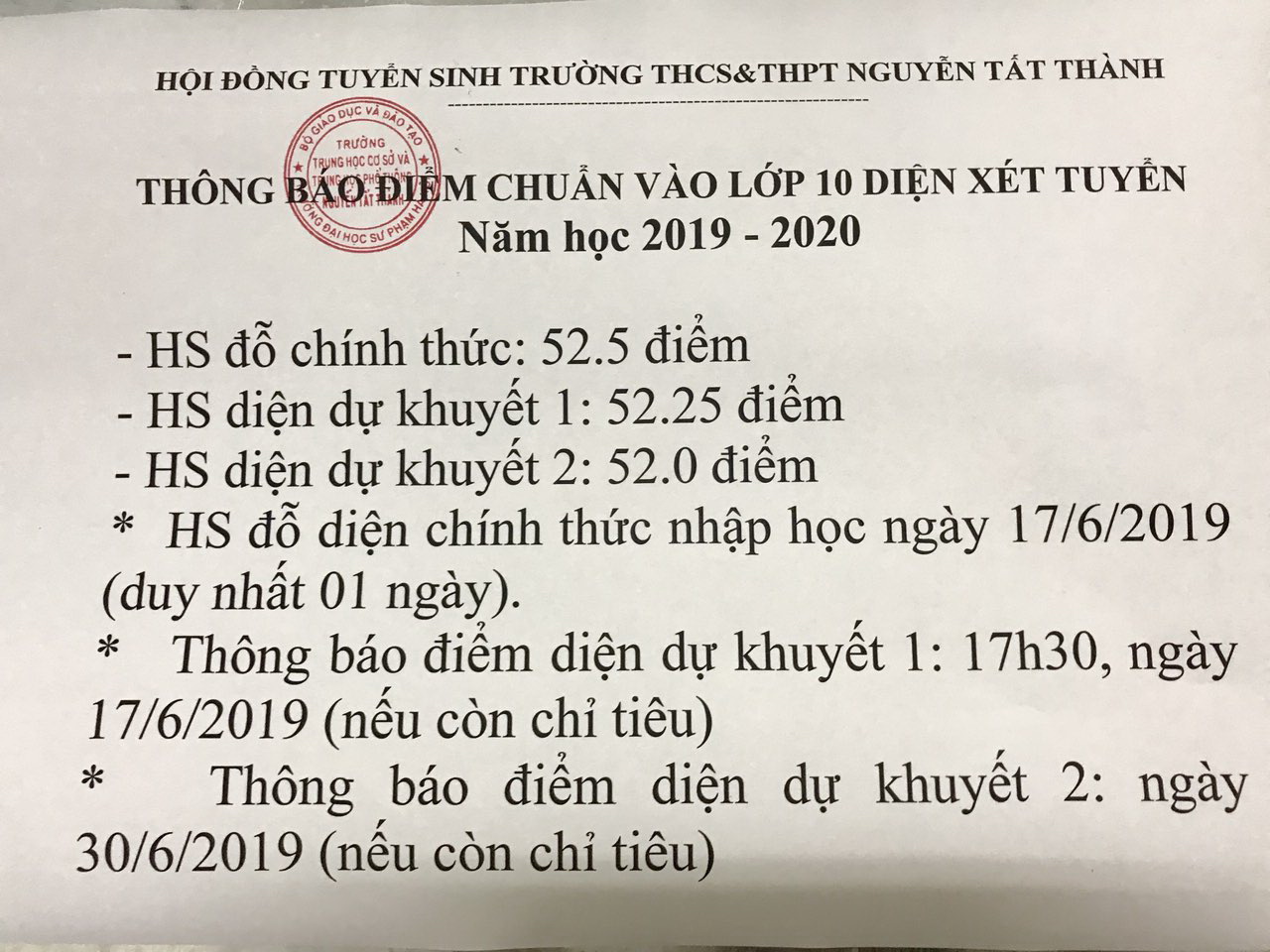 Thông báo điểm chuẩn và nhập học diện XÉT TUYỂN vào lớp 10 năm học 2019-2020