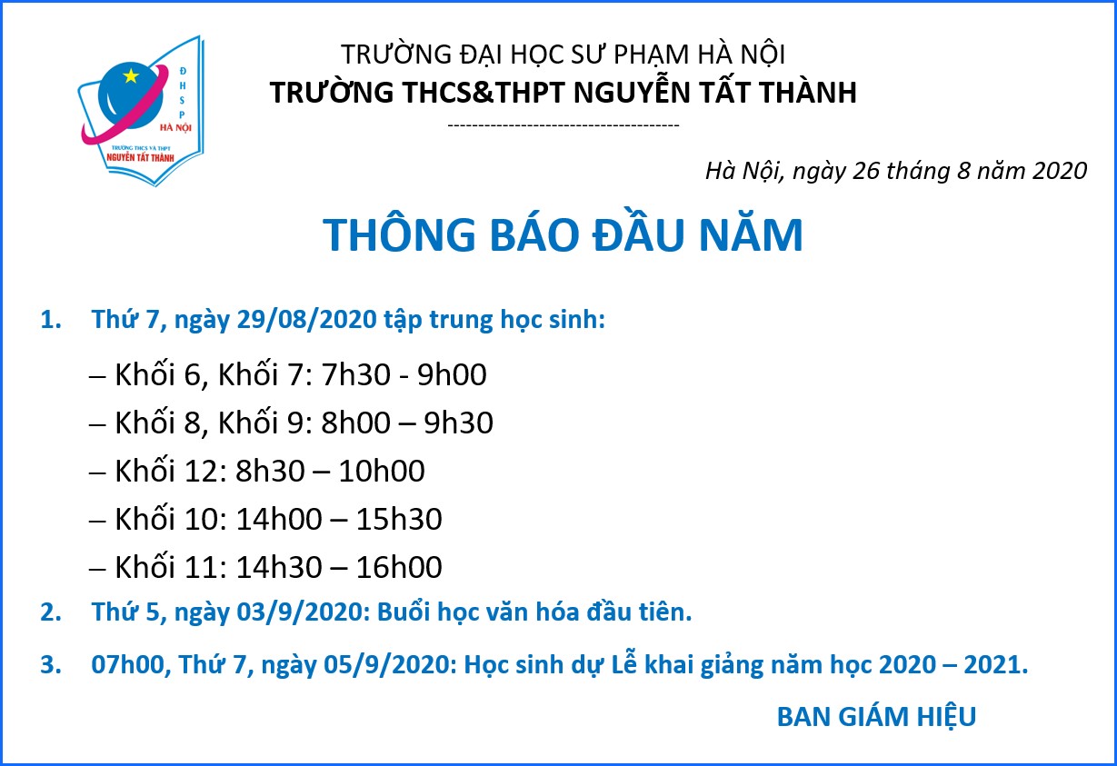 Thông báo đầu năm học 2020 - 2021